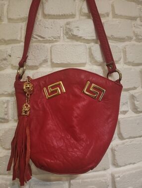 Vintage 80s Red Leather Crossbody Mini Bucket Bag with Gold Tassel Hardware
